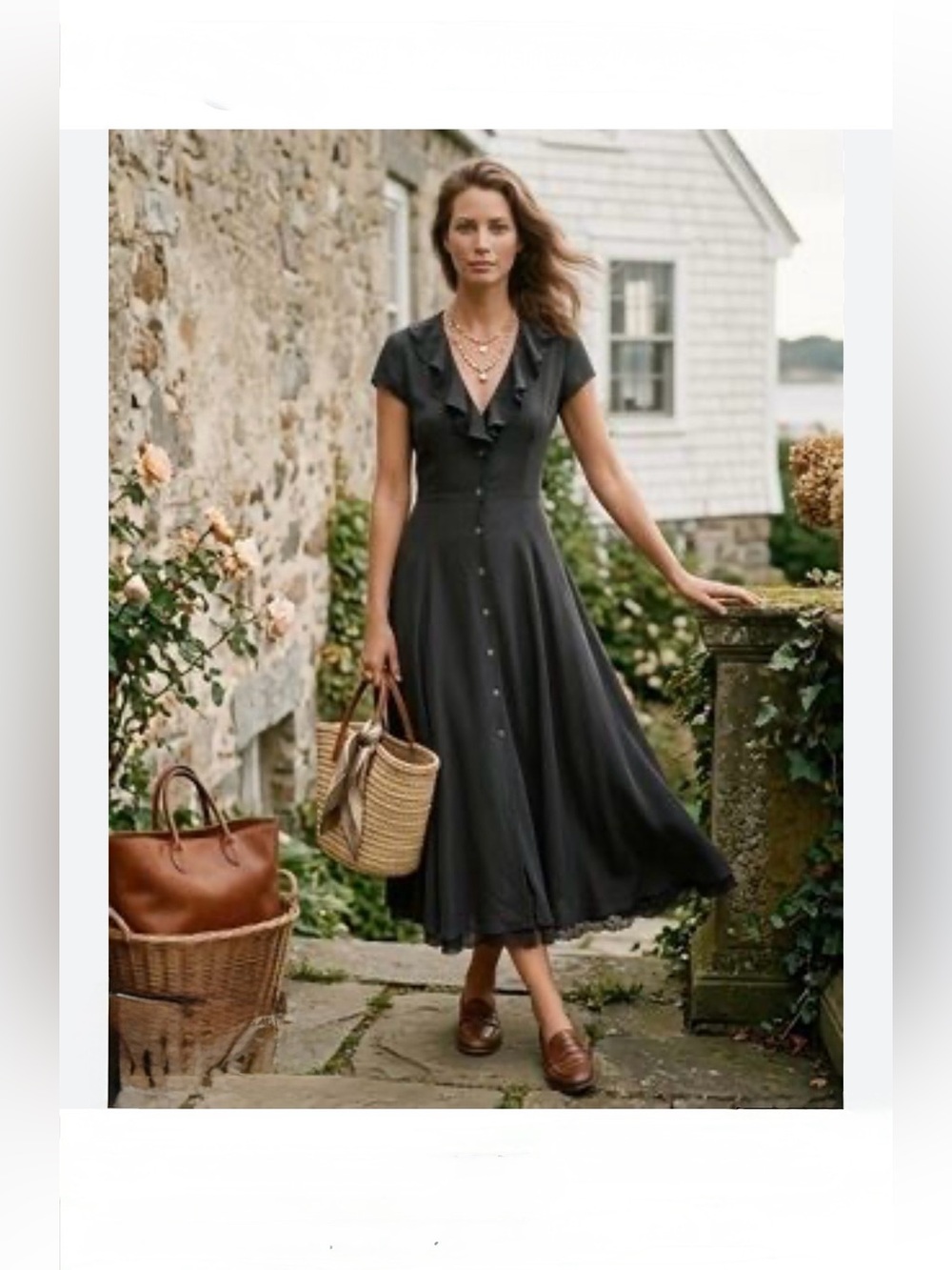 Ralph Lauren Black Silk Ruffle-Trim Button Front Midi Dress size 16